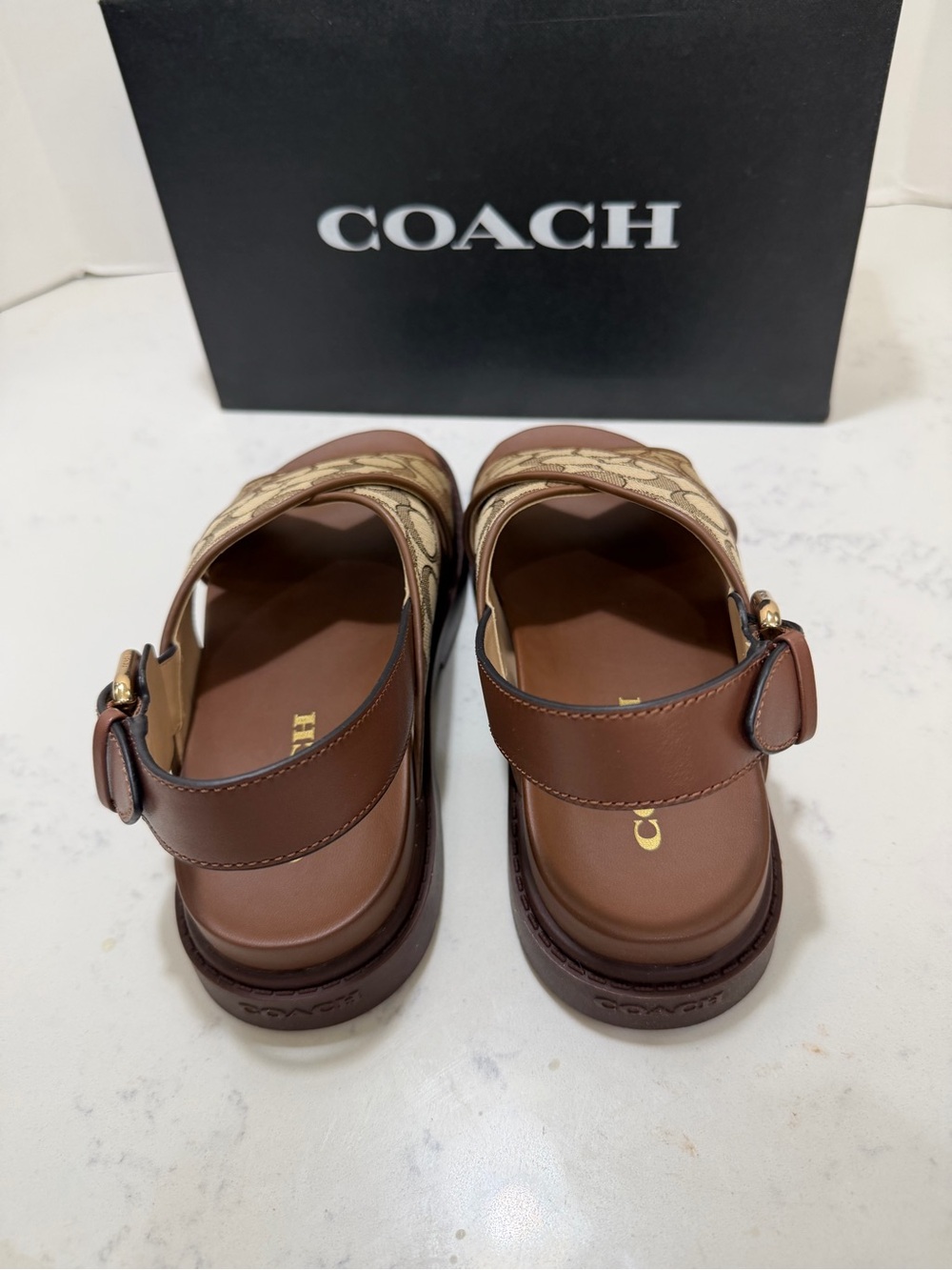 Coach Khaki Signature Canvas & Brown Leather Cross-Strap Sandals - Picture 11 of 14